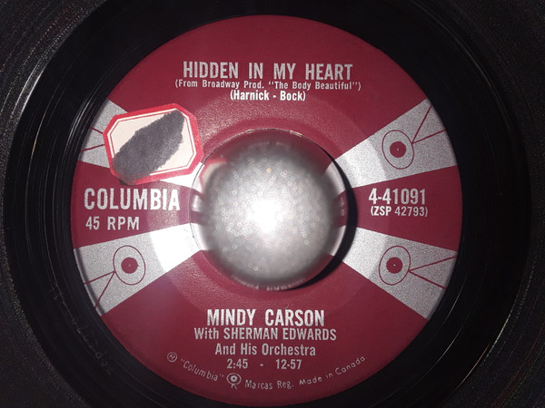 Mindy Carson With Sherman Edwards And His Orchestra - Hidden In My Heart / Just My Luck (7", Single) (Very Good (VG))