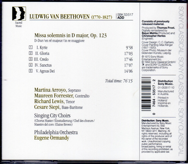 Ludwig van Beethoven, Martina Arroyo, Maureen Forrester, Cesare Siepi, Singing City Choir Of Philadelphia, The Philadelphia Orchestra, Eugene Ormandy - Missa Solemnis (CD, Album, RE, RM) (Near Mint (NM or M-)) - Image 2
