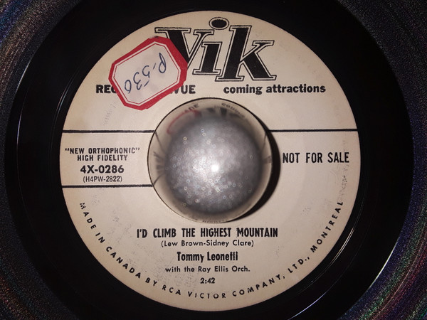 Tommy Leonetti With Ray Ellis And His Orchestra - Precious Love / I'd Climb The Highest Mountain (7", Single, Promo) (Very Good (VG)) - Image 2