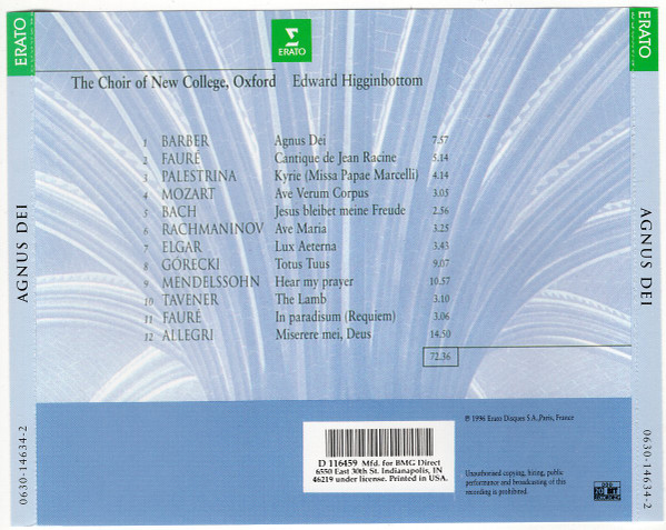 The New College Oxford Choir, Edward Higginbottom - Agnus Dei (Music Of Inner Harmony) (CD, Album, Club, BMG) (Near Mint (NM or M-)) - Image 5