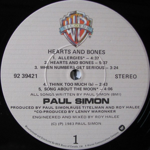 Paul Simon - Hearts And Bones (LP, Album) (Mint (M)) - Image 3