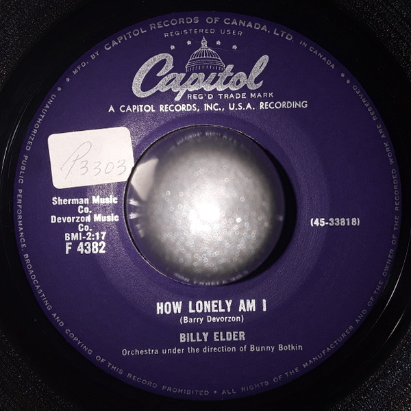 Billy Elder - High School Days / How Lonely Am I (7", Single) (Very Good Plus (VG+)) - Image 2