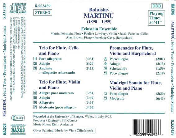 Bohuslav Martinů, Feinstein Ensemble - Flute Trios • Promenades • Madrigal Sonata (CD) (Near Mint (NM or M-)) - Image 2