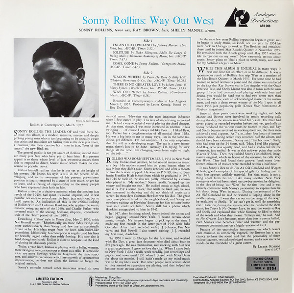 Sonny Rollins - Way Out West (LP, Album, Ltd, Num, RE, RM, 180) (Near Mint (NM or M-)) - Image 2