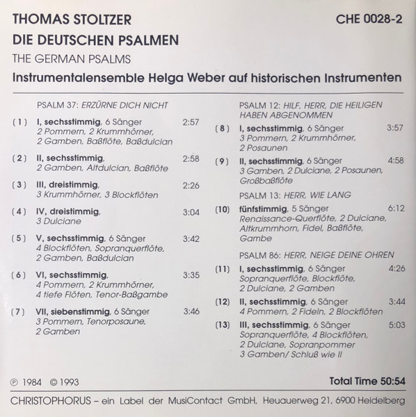 Thomas Stoltzer, Instrumentalensemble Helga Weber - Die Deutschen Psalmen (CD, Album, RE) (Near Mint (NM or M-)) - Image 2