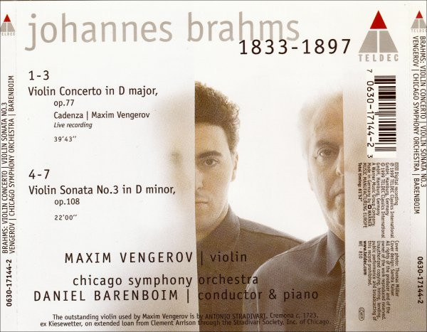 Johannes Brahms, Maxim Vengerov | Daniel Barenboim, Chicago Symphony Orchestra - Violin Concerto / Sonata No. 3 (CD) (Near Mint (NM or M-)) - Image 2