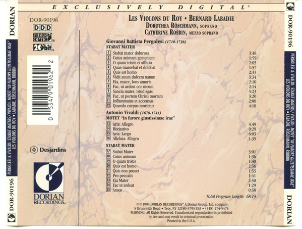 Giovanni Battista Pergolesi & Antonio Vivaldi, Les Violons Du Roy • Bernard Labadie • Dorothea Röschmann • Catherine Robbin - Stabat Mater / Motet "In Furore Giustissimae Irae" / Stabat Mater (CD, Album) (Near Mint (NM or M-)) - Image 2