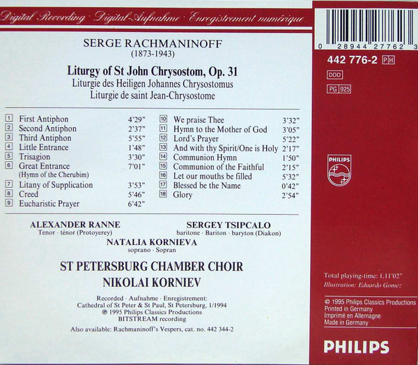 Sergei Vasilyevich Rachmaninoff - St Petersburg Chamber Choir, Nikolai Korniev - Liturgy Of St John Chrysostom (CD, Album) (Near Mint (NM or M-)) - Image 2