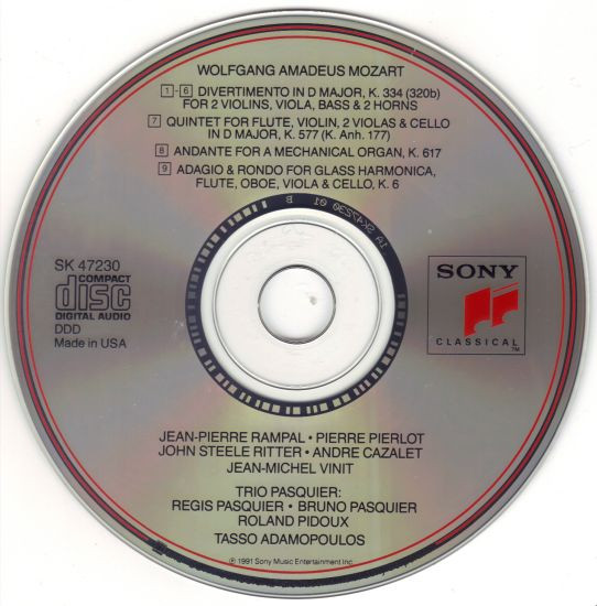 Wolfgang Amadeus Mozart, Jean-Pierre Rampal, Trio Pasquier, John Steele Ritter, Pierre Pierlot, Tasso Adamopoulos, André Cazalet, Jean-Michel Vinit - Divertimento, K.334 - Adagio And Rondo, K.617 - Andante, K.616 - Quintet, K.557 (CD, Album) (Near Mint (NM or M-)) - Image 2