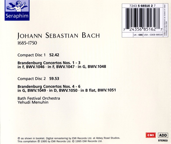 Johann Sebastian Bach, Yehudi Menuhin - Brandenburg Concertos Nos. 1 - 6 (2xCD, Album, RM) (Near Mint (NM or M-)) - Image 2