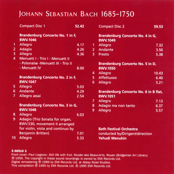 Johann Sebastian Bach, Yehudi Menuhin - Brandenburg Concertos Nos. 1 - 6 (2xCD, Album, RM) (Near Mint (NM or M-)) - Image 3