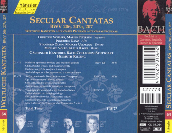 Johann Sebastian Bach / Christine Schäfer, Ingeborg Danz, Stanford Olsen, Michael Volle, Marlis Petersen, Marcus Ullmann, Klaus Häger, Gächinger Kantorei Stuttgart, Bachcollegium Stuttgart, Helmuth Rilling - Secular Cantatas BWV 206, 207a, 207 (CD, Album) (Near Mint (NM or M-)) - Image 2