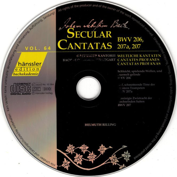 Johann Sebastian Bach / Christine Schäfer, Ingeborg Danz, Stanford Olsen, Michael Volle, Marlis Petersen, Marcus Ullmann, Klaus Häger, Gächinger Kantorei Stuttgart, Bachcollegium Stuttgart, Helmuth Rilling - Secular Cantatas BWV 206, 207a, 207 (CD, Album) (Near Mint (NM or M-)) - Image 3