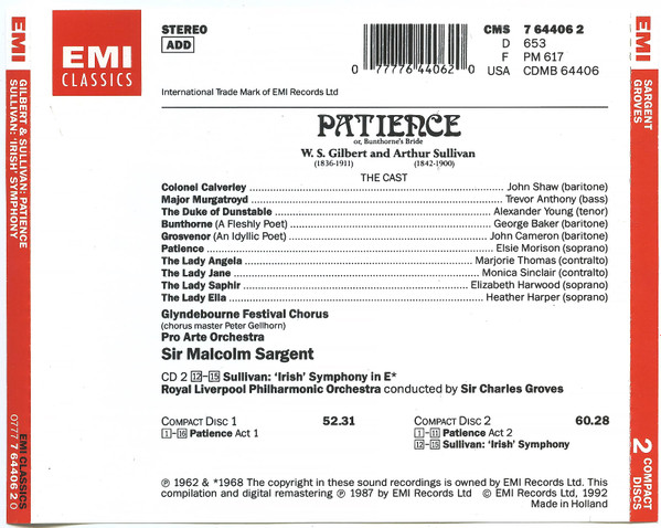 Gilbert & Sullivan, Sir Malcolm Sargent - Patience Etc. (2xCD, Album, RE, RM) (Near Mint (NM or M-)) - Image 2