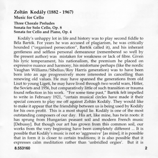 Zoltán Kodály, Maria Kliegel, Jenö Jandó - Music For Cello - Three Chorale Preludes, Cello Sonatas Opp. 4 And 8 (CD, Album) (Near Mint (NM or M-)) - Image 2