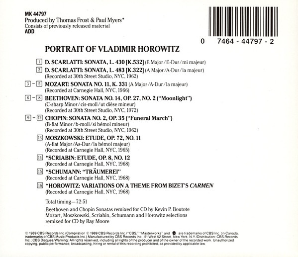 Vladimir Horowitz, Ludwig van Beethoven, Frédéric Chopin, Wolfgang Amadeus Mozart, Domenico Scarlatti, Robert Schumann, Alexander Scriabine - Portrait Of Vladimir Horowitz (CD, Comp) (Near Mint (NM or M-)) - Image 2