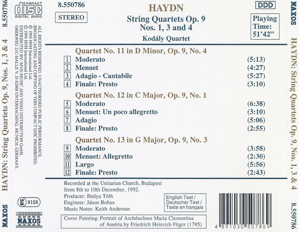 Joseph Haydn - Kodály Quartet - String Quartets Op. 9, Nos. 1, 3 And 4 (CD, Album) (Very Good Plus (VG+)) - Image 2