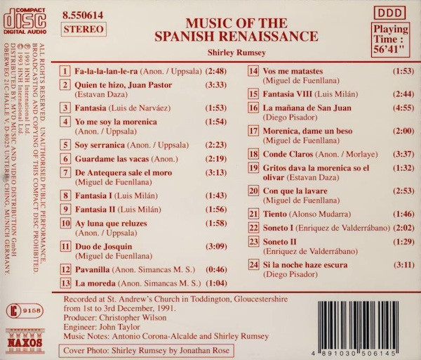 Shirley Rumsey - Music Of The Spanish Renaissance (For Voice, Vihuelas, Lute & Renaissance Guitar) (CD, Album, CD ) (Near Mint (NM or M-)) - Image 2