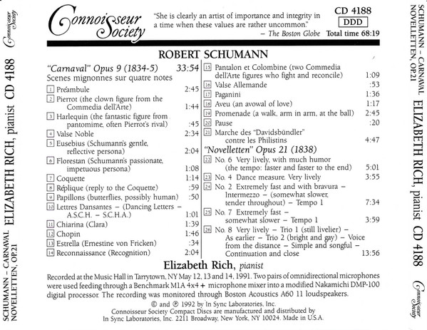 Robert Schumann, Elizabeth Rich (3) - Schumann - Carnaval / Five Novelletten (CD, Album) (Near Mint (NM or M-)) - Image 2