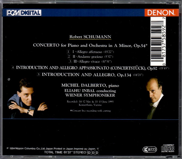 Robert Schumann, Michel Dalberto, Eliahu Inbal, Wiener Symphoniker - Piano Concerto In A Minor, Concertstück, Introduction And Allegro (CD, Album) (Near Mint (NM or M-)) - Image 2