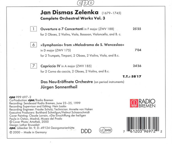 Jan Dismas Zelenka - Das Neu-Eröffnete Orchestre, Jürgen Sonnentheil - Complete Orchestral Works 3 (CD, Album) (Near Mint (NM or M-)) - Image 2