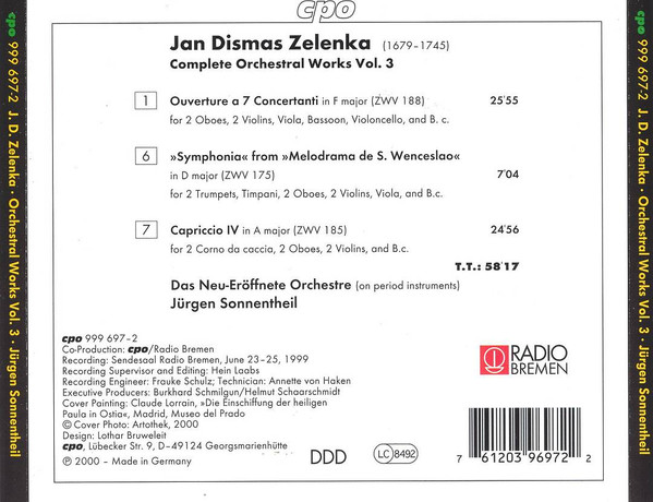 Jan Dismas Zelenka - Das Neu-Eröffnete Orchestre, Jürgen Sonnentheil - Complete Orchestral Works 3 (CD, Album) (Near Mint (NM or M-)) - Image 3