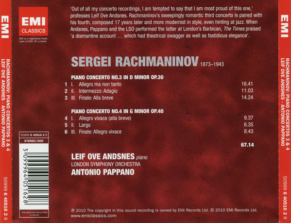 Sergei Vasilyevich Rachmaninoff, Leif Ove Andsnes, London Symphony Orchestra, Antonio Pappano - Piano Concertos 3 & 4 (CD, Album) (Near Mint (NM or M-)) - Image 2