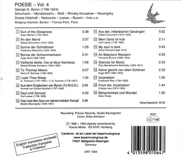 George Gordon Byron, Robert Schumann ⋅ Hugo Wolf ⋅ Nikolai Rimsky-Korsakov ⋅ Modest Mussorgsky ⋅ Friedrich Nietzsche ⋅ Ferruccio Busoni ⋅ Charles Ives, Wolfgang Holzmair, Thomas Palm - Lord George G. Byron (CD, Album) (Near Mint (NM or M-)) - Image 2