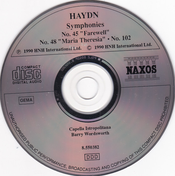 Joseph Haydn - Capella Istropolitana, Barry Wordsworth - Symphonies No. 45 "Farewell" • No. 48 "Maria Theresia" • No. 102 (CD, Album, Pil) (Near Mint (NM or M-)) - Image 2