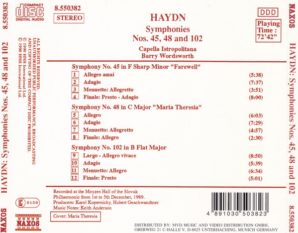 Joseph Haydn - Capella Istropolitana, Barry Wordsworth - Symphonies No. 45 "Farewell" • No. 48 "Maria Theresia" • No. 102 (CD, Album, Pil) (Near Mint (NM or M-)) - Image 3