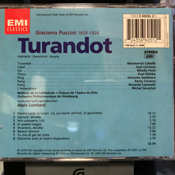 Giacomo Puccini - Montserrat Caballé, Mirella Freni, José Carreras, Chœur de L'Opéra National Du Rhin, Orchestre Philharmonique De Strasbourg, Alain Lombard - Turandot - Highlights (CD, Comp) (Near Mint (NM or M-)) - Image 2