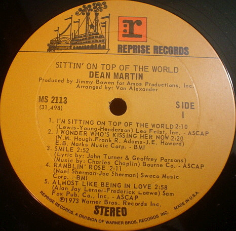 Dean Martin - Sittin' On Top Of The World (LP, Album, Ter) (Mint (M)) - Image 2