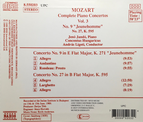 Wolfgang Amadeus Mozart, Jenö Jandó, Concentus Hungaricus, András Ligeti - Complete Piano Concertos Vol. 3 - No. 9 "Jeunehomme", No. 27, K. 595 (CD) (Near Mint (NM or M-)) - Image 2