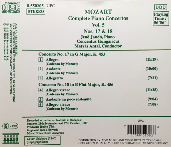 Wolfgang Amadeus Mozart, Jenö Jandó, Concentus Hungaricus, Mátyás Antal - Complete Piano Concertos Vol. 5 - Nos. 17 And 18 (CD, Album) (Near Mint (NM or M-)) - Image 2