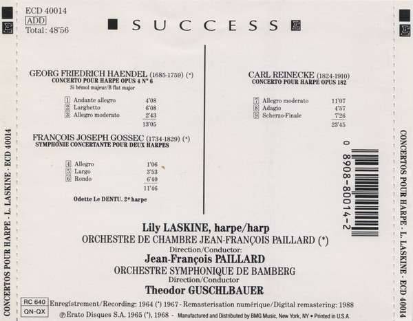 Georg Friedrich Händel, François-Joseph Gossec, Carl Reinecke - Lily Laskine - 3 Concertos Pour Harpe (CD, Comp, RM) (Near Mint (NM or M-)) - Image 2