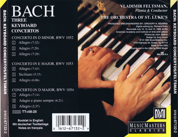 Johann Sebastian Bach, Vladimir Feltsman, Orchestra Of St. Luke's - Bach Three Keyboard Concertos (CD, Album) (Near Mint (NM or M-)) - Image 2