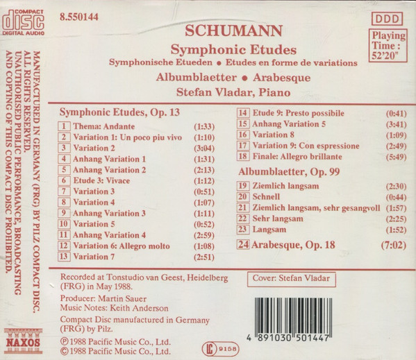 Robert Schumann - Stefan Vladar - Symphonic Etudes = Symphonische Etueden = Etudes En Forme De Variations - Albumblaetter • Arabesques (CD, Album) (Near Mint (NM or M-)) - Image 2
