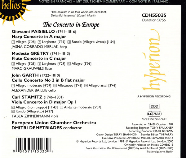 John Garth (2), André-Modeste Gretry, Giovanni Paisiello, Carl Stamitz / Jasna Corrado Merlak, Marc Grauwels, Alexander Baillie, Tabea Zimmermann, European Union Chamber Orchestra, Dimitri Demetriades - The Concerto In Europe (CD, RE) (Near Mint (NM or M-)) - Image 2