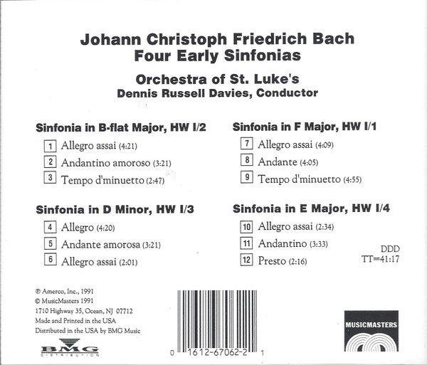 Johann Christoph Friedrich Bach – Orchestra Of St. Luke's, Dennis Russell Davies - Four Early Sinfonias (CD, Album) (Near Mint (NM or M-)) - Image 2