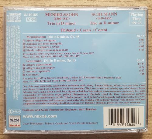 Felix Mendelssohn-Bartholdy, Robert Schumann, Jacques Thibaud, Pablo Casals, Alfred Cortot - Piano Trio In D Minor / Piano Trio No. 1 In D Minor (CD, Comp, Mono) (Near Mint (NM or M-)) - Image 2
