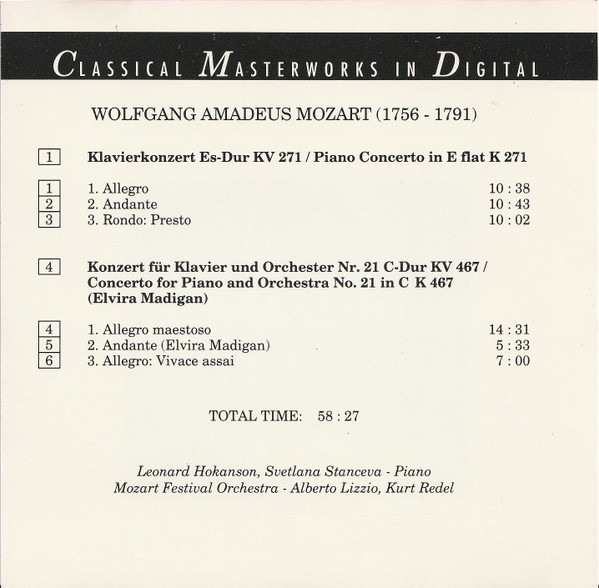 Wolfgang Amadeus Mozart, Leonard Hokanson, Svetlana Stanceva, Mozart Festival Orchestra (2), Alberto Lizzio, Kurt Redel - Wolfgang Amadeus Mozart - Die Berühmten Klavierkonzerte/Famous Piano Concertos (CD, Comp) (Near Mint (NM or M-)) - Image 2