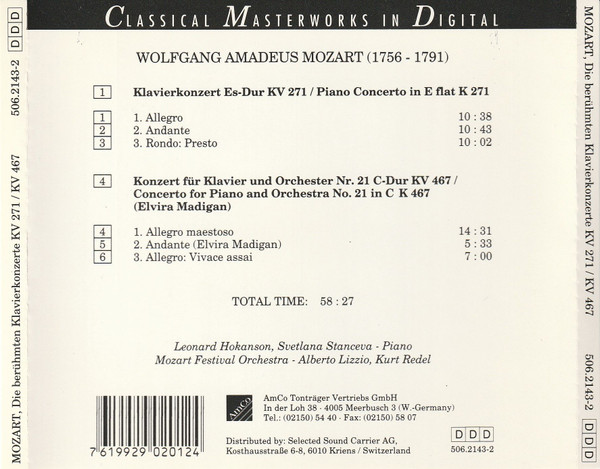 Wolfgang Amadeus Mozart, Leonard Hokanson, Svetlana Stanceva, Mozart Festival Orchestra (2), Alberto Lizzio, Kurt Redel - Wolfgang Amadeus Mozart - Die Berühmten Klavierkonzerte/Famous Piano Concertos (CD, Comp) (Near Mint (NM or M-)) - Image 3