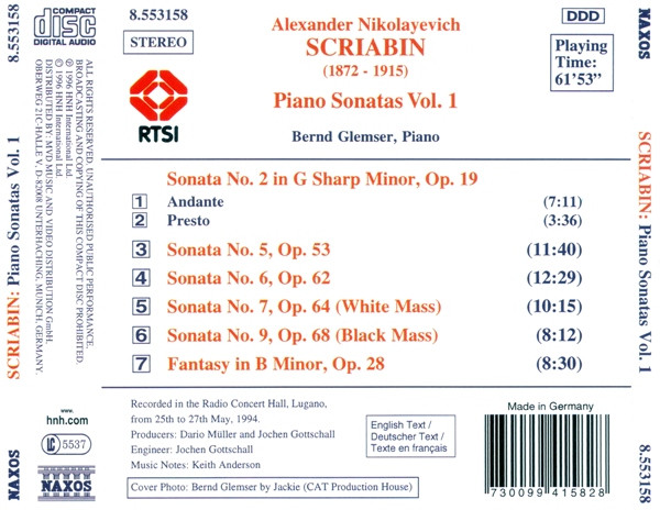 Alexander Scriabine, Bernd Glemser - Piano Sonatas Vol. 1 (Nos. 2, 5, 6, 7 And 9 / Fantasy In B Minor) (CD, Album, P+O) (Near Mint (NM or M-)) - Image 2