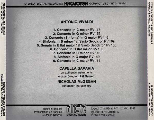 Antonio Vivaldi - Capella Savaria, Nicholas McGegan - Concertos And Sinfonias (CD) (Near Mint (NM or M-)) - Image 2