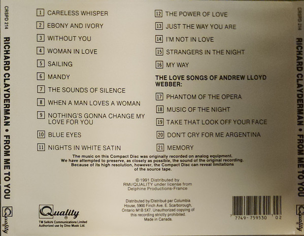 Richard Clayderman - From Me To You (CD, Album) (Near Mint (NM or M-)) - Image 2