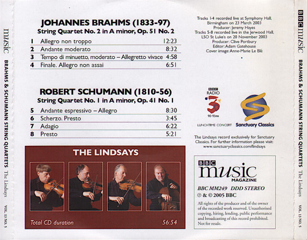 Johannes Brahms, Robert Schumann, The Lindsays - String Quartet In A Minor, Op. 51 No. 2 / String Quartet In A Minor, Op. 41 No. 1 (CD, Album) (Near Mint (NM or M-)) - Image 2