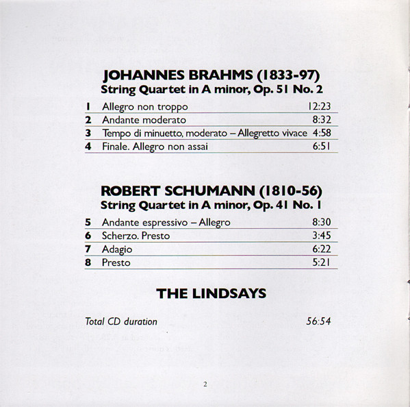 Johannes Brahms, Robert Schumann, The Lindsays - String Quartet In A Minor, Op. 51 No. 2 / String Quartet In A Minor, Op. 41 No. 1 (CD, Album) (Near Mint (NM or M-)) - Image 5