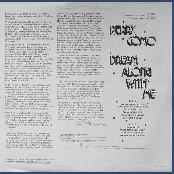Perry Como - Dream Along With Me (LP, Album, RE) (Mint (M)) - Image 2