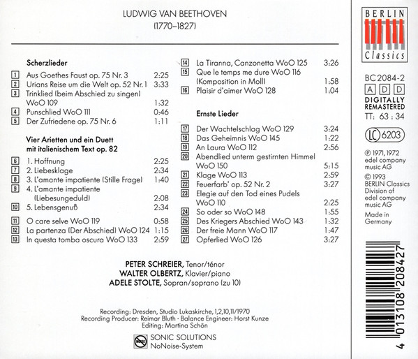 Beethoven*, Peter Schreier, Walter Olbertz - Lieder = Songs Vol. 3 (CD, Album, RM) (Near Mint (NM or M-)) - Image 2