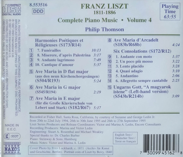 Franz Liszt, Philip Thomson - Harmonies Poétiques Et Réligieuses Nos. 7-10 - Ave Maria, Consolations, Ungarns Gott (CD, Album) (Near Mint (NM or M-)) - Image 2